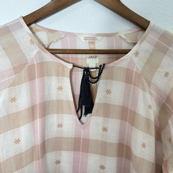 Jag Elliot Shirt with Pom Pom Detail Light Pink Soft Blue Plaid Flowy Size Large - Picture 3 of 9